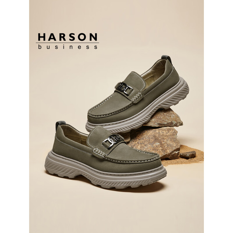 哈森（Harson）男鞋时尚休闲皮鞋头层牛皮新款舒适厚底乐福鞋轻便男士皮鞋