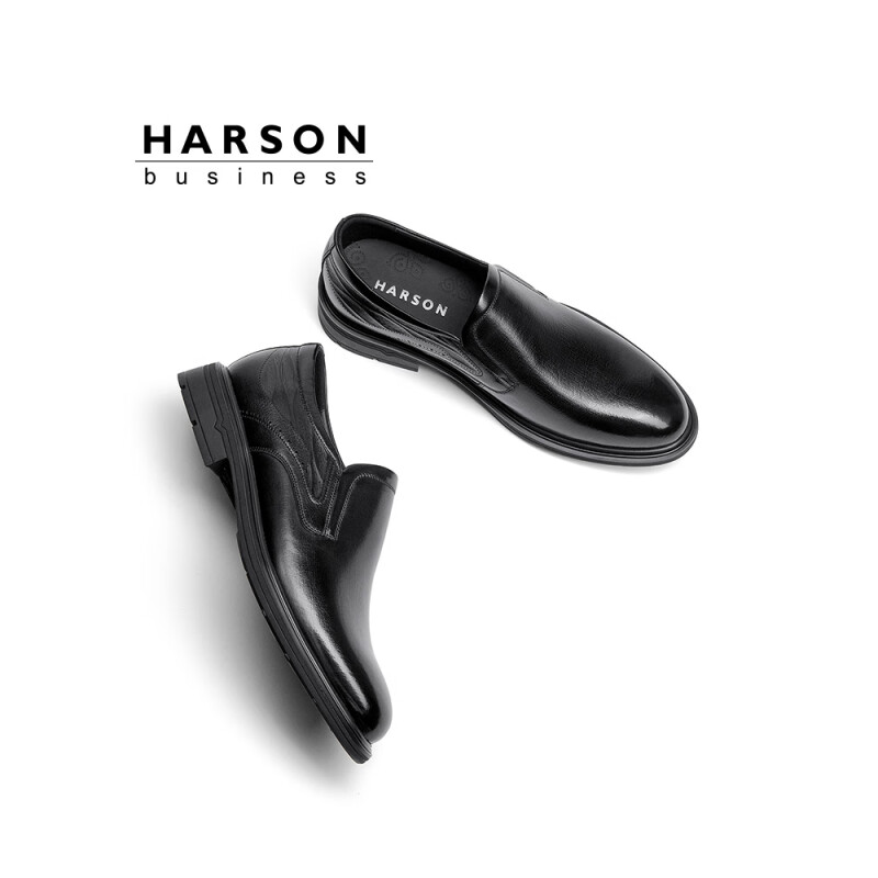 哈森（Harson）商务正装皮鞋男鞋新款牛皮套脚鞋一脚蹬乐福鞋爸爸鞋 黑色