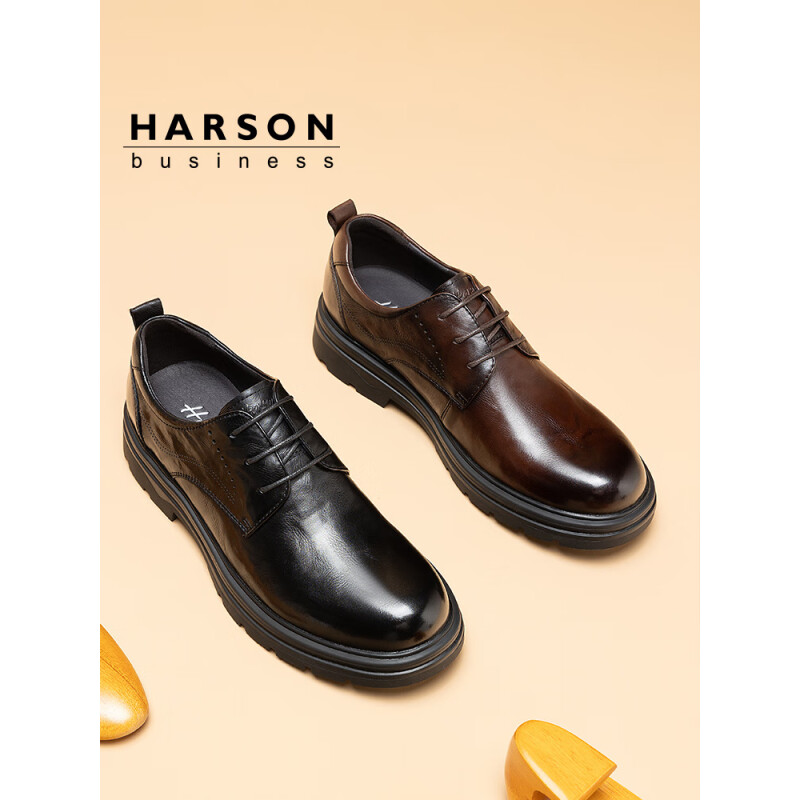 哈森（Harson）男鞋商务休闲鞋百搭真皮鞋男2025春季新款高端鞋英伦风厚底德比鞋 NA521黑色
